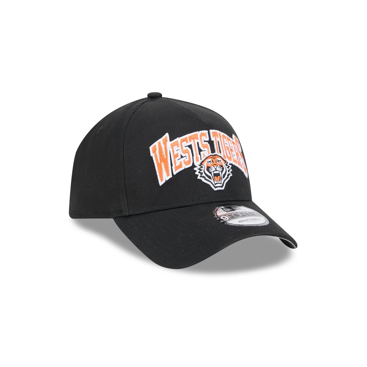 Wests Tigers Hat - Black Logo Arch 9Forty A-Frame NRL Snapback Cap - New Era